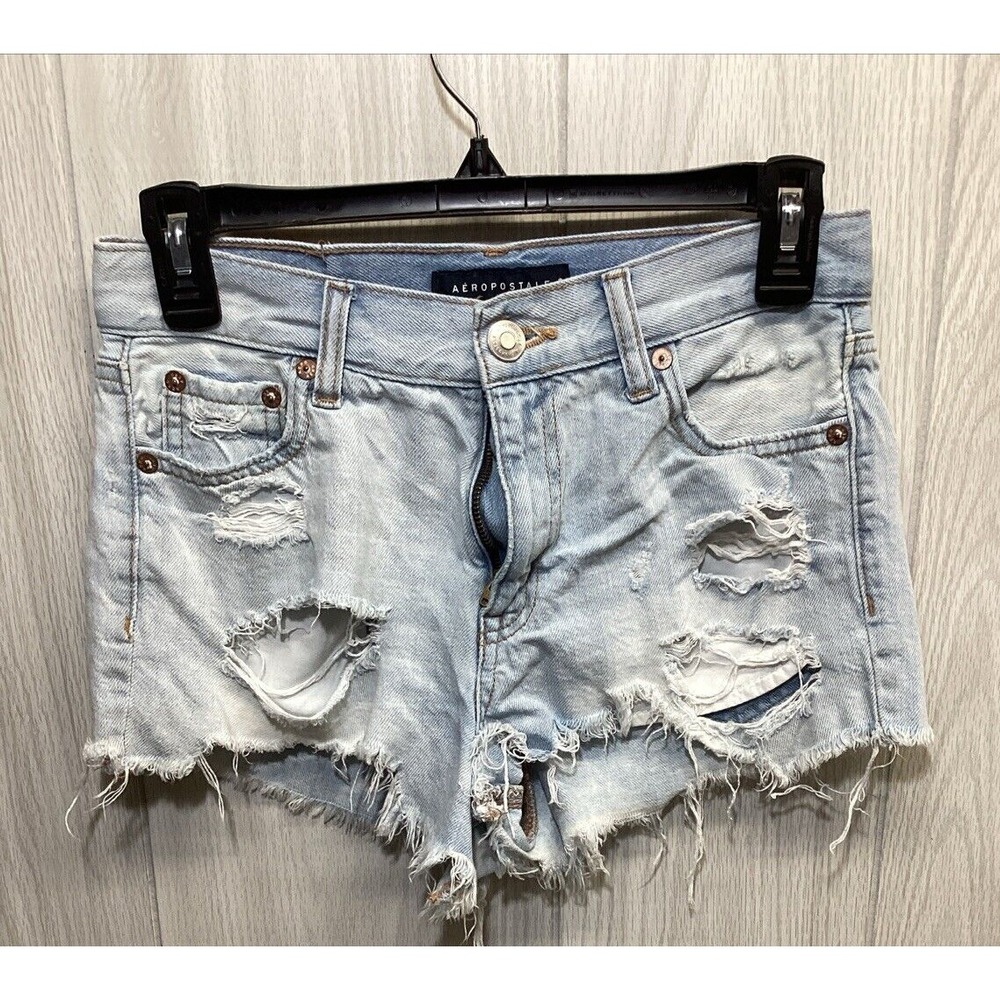 AEROPOSTALE Women's (Size 0) Distressed Denim Jean Shorts Button Pockets Cotton